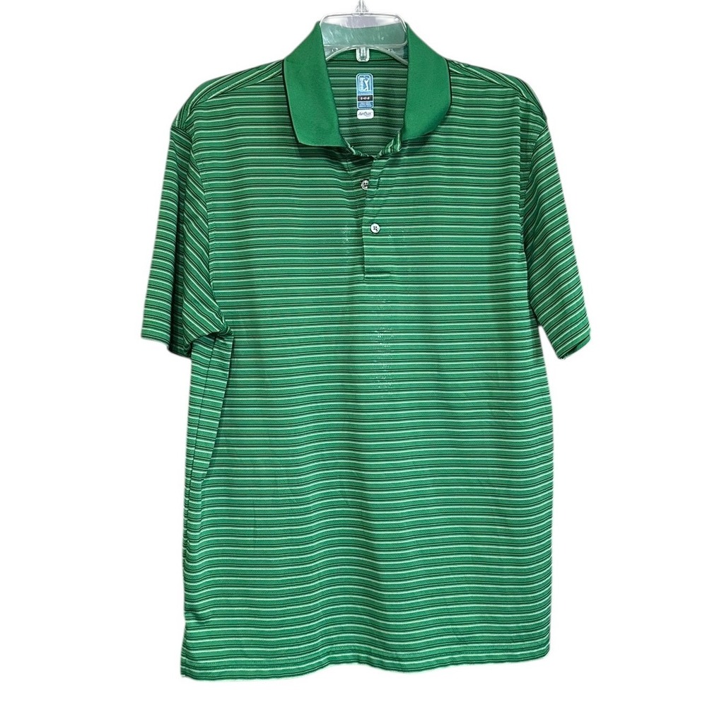 PGA Tour Airflux Mens Large Green Striped Short Sleeve Golf Polo Shirt